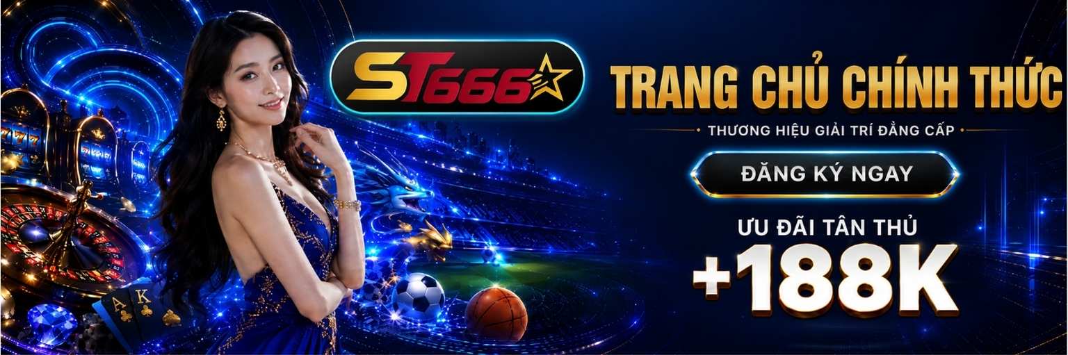 ST666 website banner showing diverse online casino games and sports betting options.